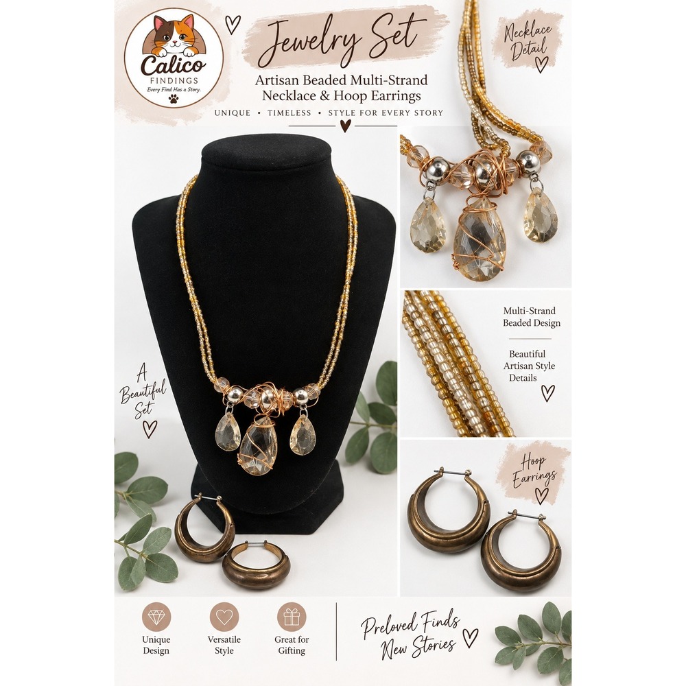 Artisan Beaded Multi Strand Necklace and Bronze Hoop Earrings Jewelry Set